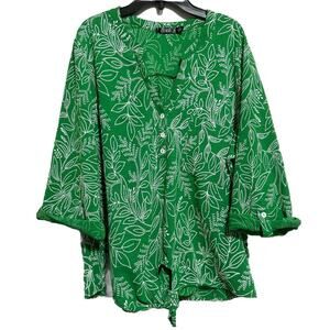 CURE Women’s Floral Top XL Green V-Neck Front Tie 3/4 Roll Tab Sleeves NWOT